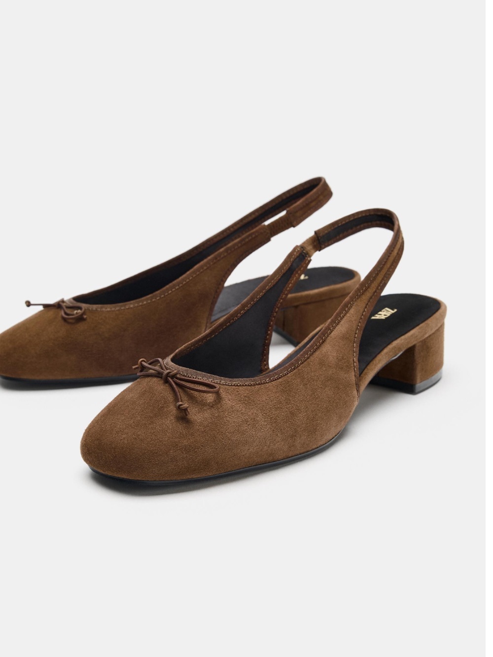 Zara Brown Suede Slingback Low Block Heels with Bow